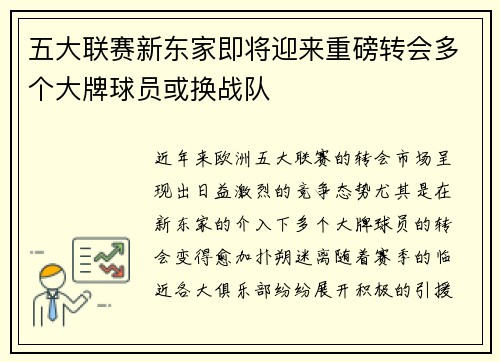 五大联赛新东家即将迎来重磅转会多个大牌球员或换战队